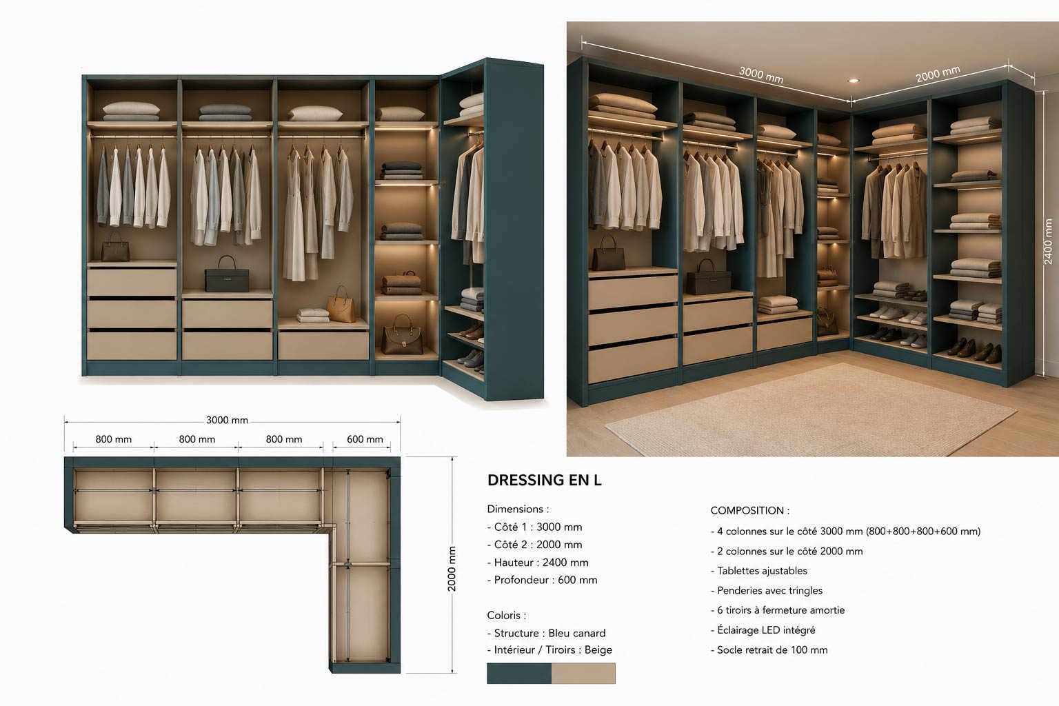 Dressing penderie tiroirs éclairage intégré