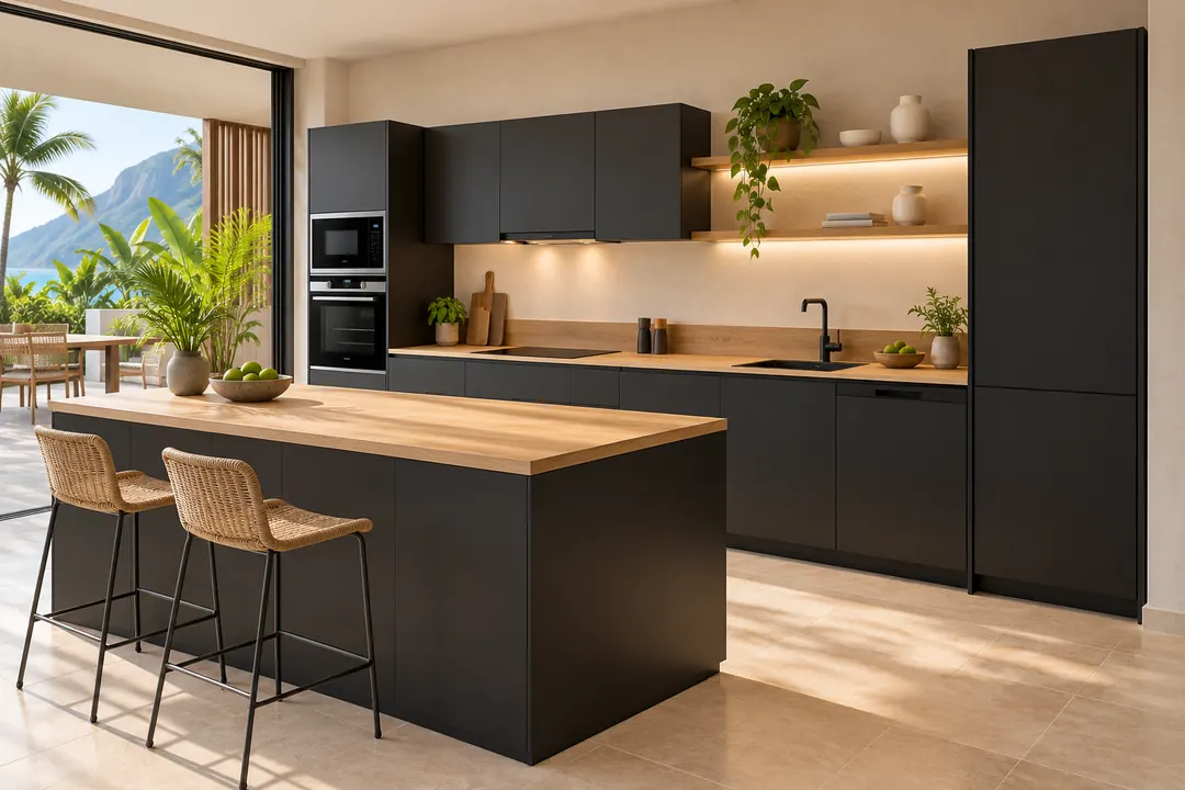 Cuisine sur mesure avec îlot · Noir + Chêne, fabriquée à La Réunion