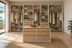 Dressing sur mesure droit avec îlot · Blanc + Chêne