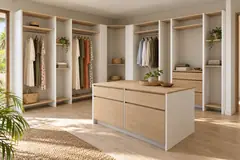 Dressing en L avec îlot · Blanc + Chêne
